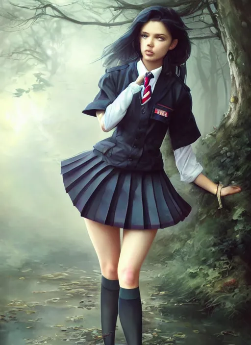 Image similar to a beautiful woman with school uniform, seifuku, pleated miniskirt, overknee socks, adriana lima, painted by artgerm and tom bagshaw, fantasy art, dramatic lighting, highly detailed oil painting, volumetric lighting