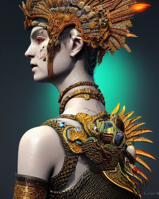 Image similar to 3 d warrior goddess close - up profile portrait. beautiful hyperrealistic intricate highly detailed chuu!! magpie helm and richly embroidered blouse, quetzalcoatl, bioluminescent, angry, gilded, plasma, lava, ice, feather, windy, artwork by tooth wu and wlop and annie leibovitz, octane 3 d render