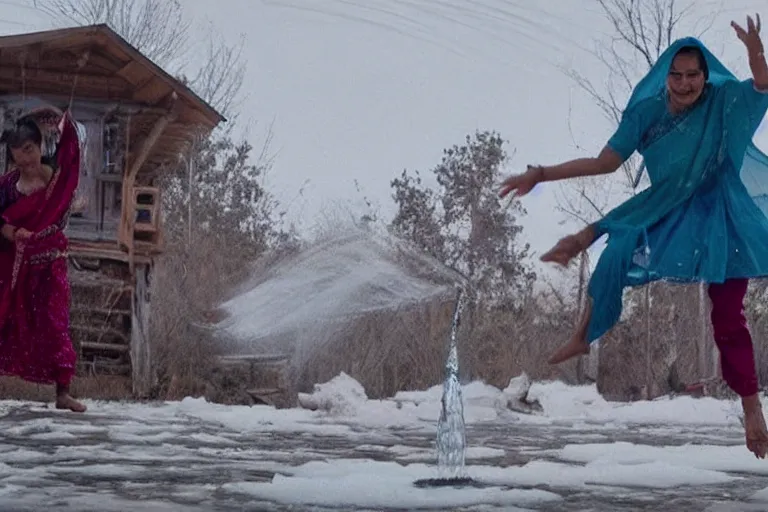 Image similar to VFX movie of a Indian woman dancing with magic flowing antigravity water in an Eskimo village by Emmanuel Lubezki