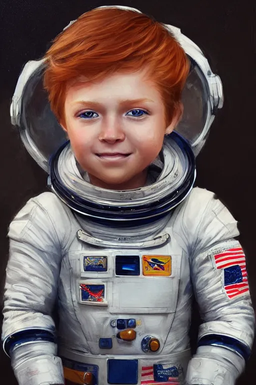 Prompt: a little boy with a michievous face and ginger hair. he is an astronaut, wearing a space suit. clean elegant painting, beautiful detailed face. by artgerm and greg rutkowski