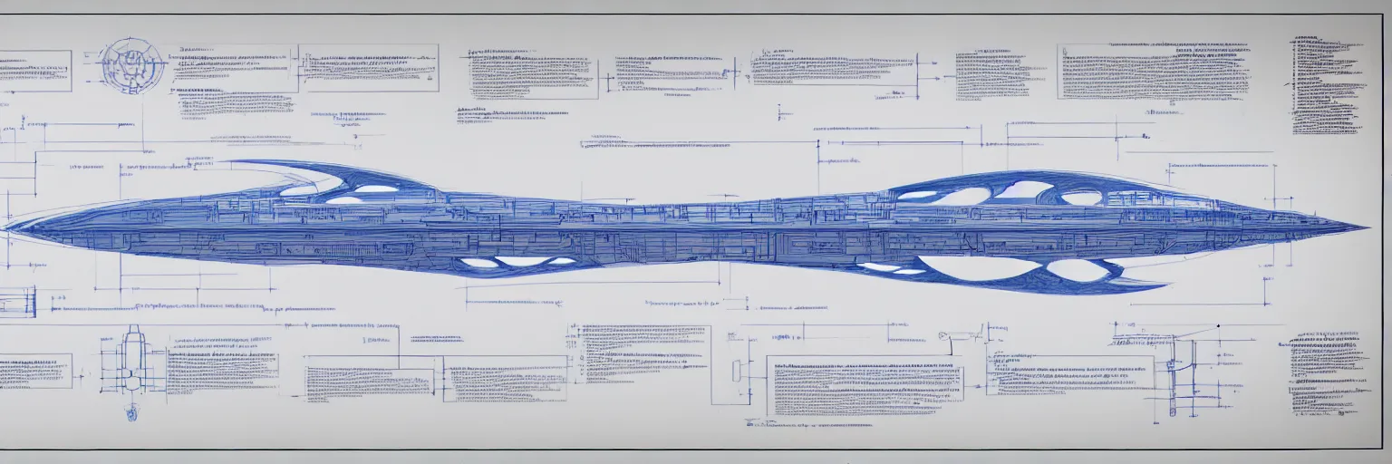 Prompt: blueprint for a sentient starship, technical drawing with annotations and notes in the margins, algorithms and physics equations, concept design by peter mohrbacher and craig mullins and hiroshi yoshida and james jean and frank frazetta and michael whelan and andreas rocha