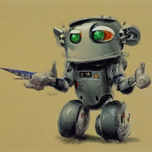 Prompt: painting of a small animal robot, gouache, james gurney, disney, ghibli, miyazaki, manga, concept art, watercolor