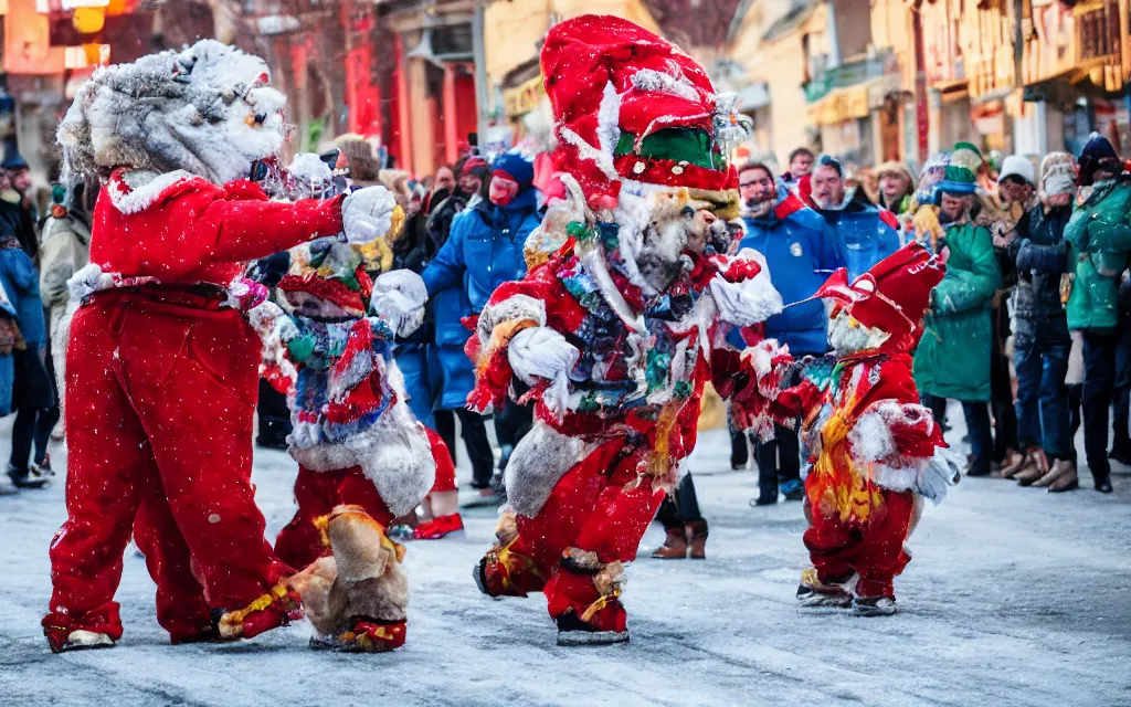 Prompt: winter festival. a mascot dances in the street with the mayor of the town. they are having fun, but the crowd has a strange feeling of remorse, as if they are witnessing something that is morally wrong. high quality vibrant photography with a 7 0 mm lens