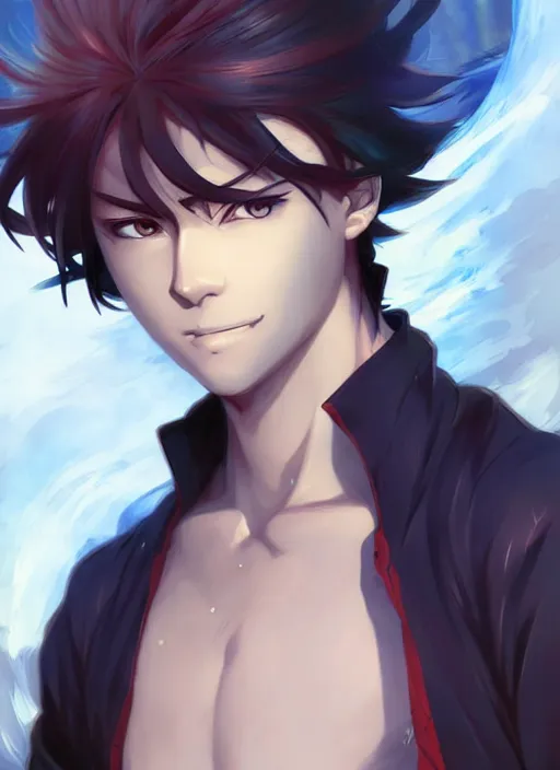 Image similar to Anime portrait tanjiro handsome water swordman short hair kimmetsu no yaiba , digital painting, concept art, d&d, art by ufotable and Artgerm and Greg Rutkowski and Alphonse Mucha