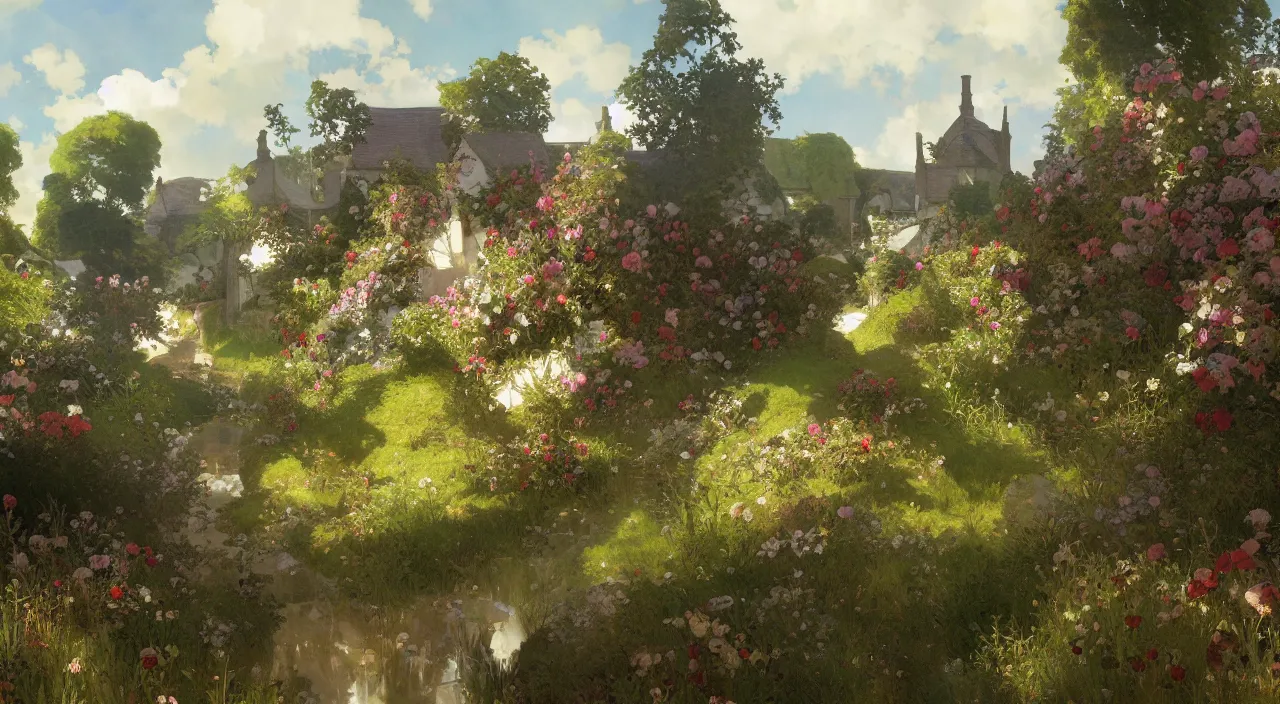 Image similar to A beautiful landscape painting of a small English village by Alfons Maria Mucha and Julie Dillon and Makoto Shinkai