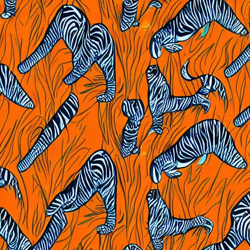 Image similar to tiger in the forest children drawing stripes orange sky palm tres sharp claws and teeth in geometric illustration style