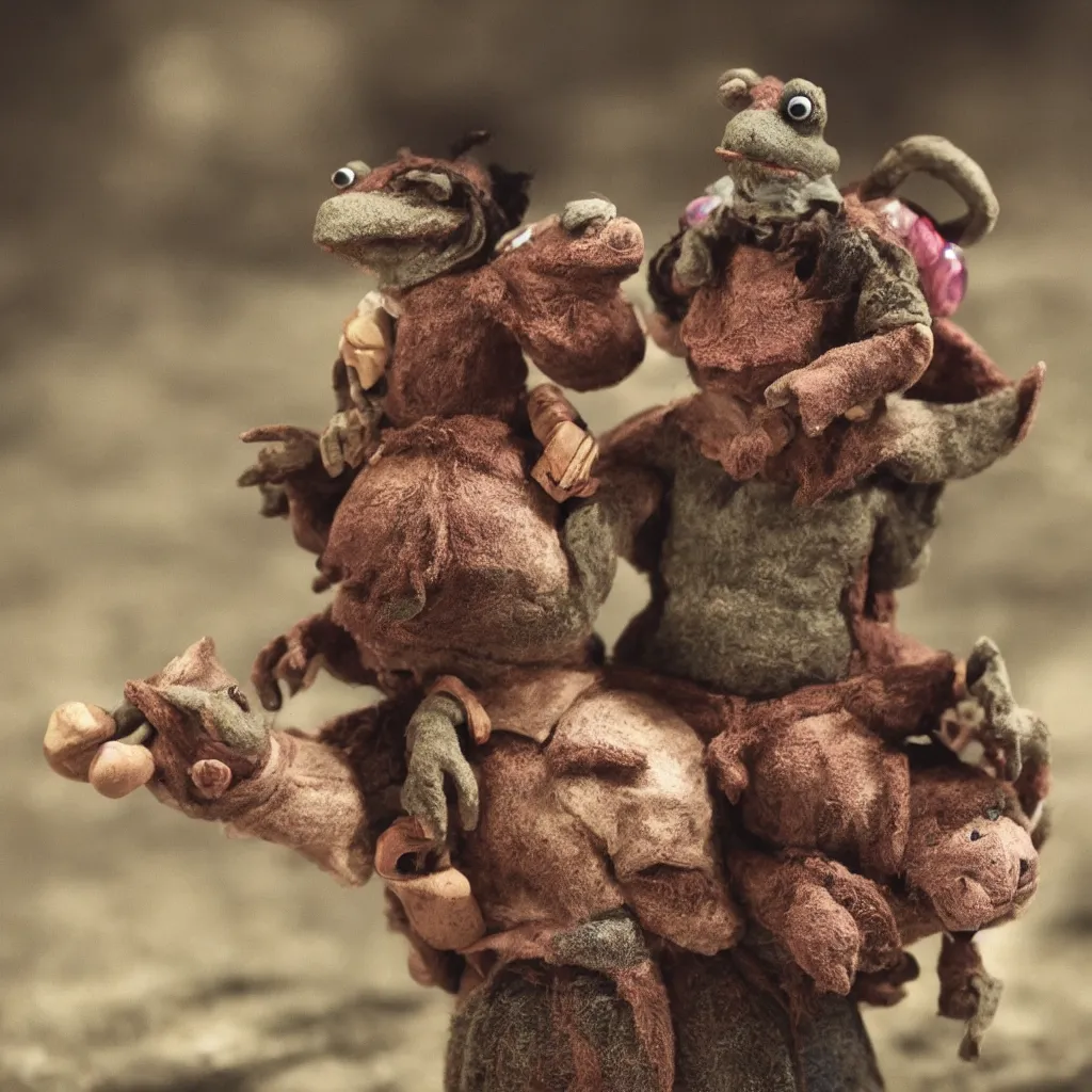 Prompt: a small clay Jim Henson character carrying a small creature on his back, mythical, dark magic, high definition