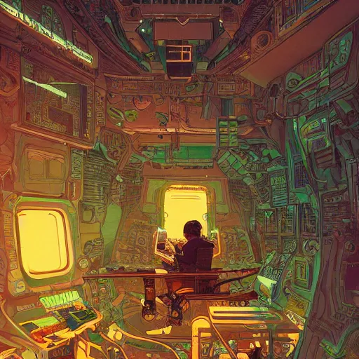 Image similar to Stunningly intricate illustration of a cyberpunk explorer playing video games in his treehouse, highly detailed, midnight, by Victo Ngai and James Gilleard , Moebius, Laurie Greasley