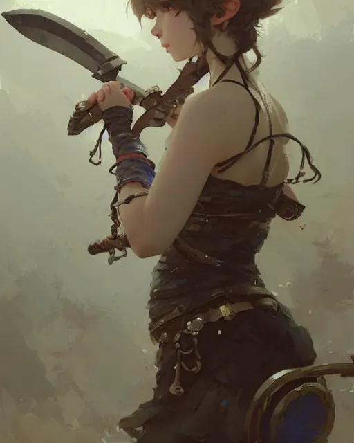 Image similar to cute girl, whitesmith, huge intricate hammer, weapon, mechanical parts, digital painting by krenz cushart, ilya kuvshinov, akihiko yoshida, greg rutkowski, karl spitzweg. sharp focus, highly detailed, intricate background