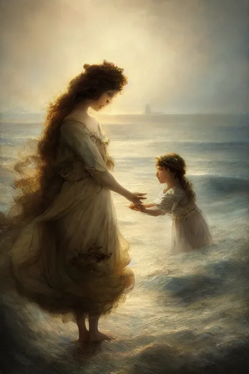 Prompt: breathtaking detailed soft painting of children seeing golden sea breams in the blue shore, with flowers foam lullaby and wind with wings, rembrandt style, elegant, highly detailed, artstation, concept art, matte, sharp focus, art by tom bagshaw, and greg rutkowski