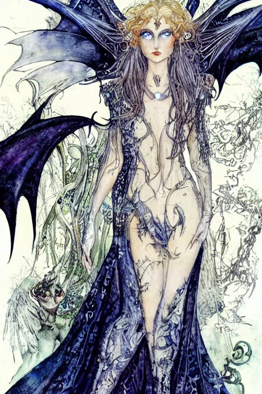 Prompt: dark fairy queen closeup face surrounded by bat wings, art by luis royo and walter crane and kay nielsen, watercolor illustration,