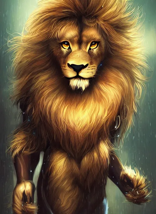 Image similar to award winning beautiful portrait commission of a male furry anthro lion fursona with a tail and a cute beautiful attractive detailed furry face wearing stylish black and gold swimming clothes in a cyberpunk beach at night while it rains. Character design by charlie bowater, ross tran, artgerm, and makoto shinkai, detailed, inked, western comic book art