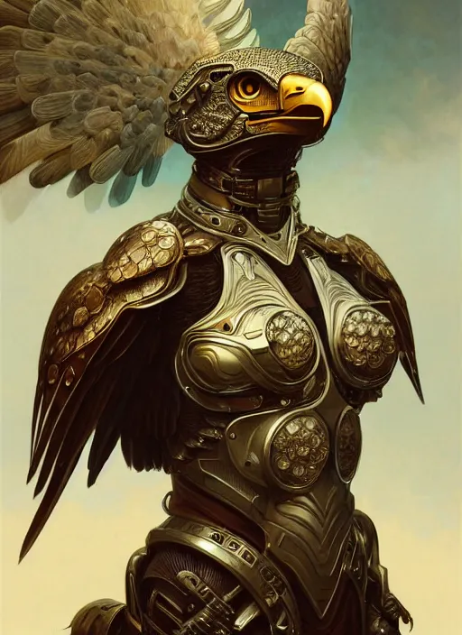 Prompt: a anthropomorphic eagle wearing scifi armor, diffuse lighting, fantasy, intricate, elegant, highly detailed, lifelike, photorealistic, digital painting, artstation, illustration, concept art, smooth, sharp focus, art by John Collier and Albert Aublet and Krenz Cushart and Artem Demura and Alphonse Mucha