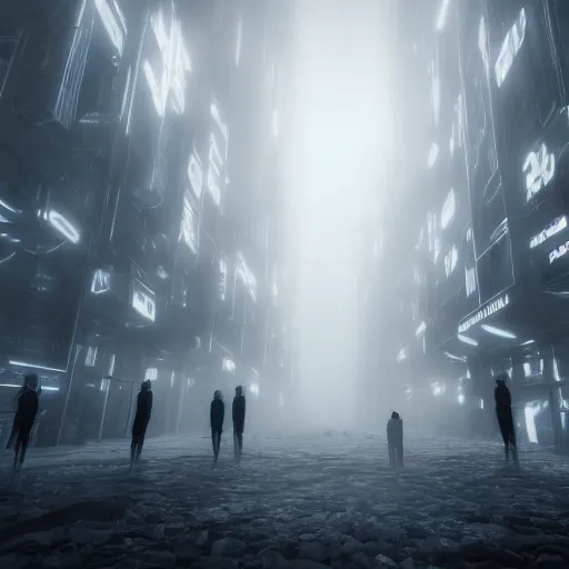 Prompt: illustration of rows of limp humans hanging like clothing in an ice box, rolling fog, cyberpunk, dystopian, dramatic lighting, unreal engine 5