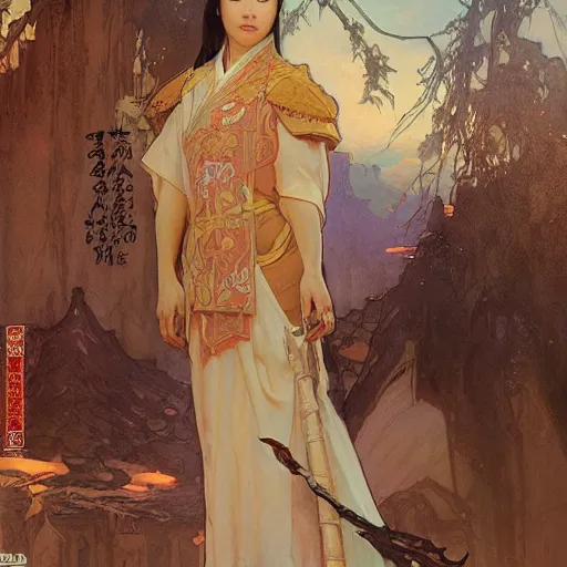 Image similar to Concept art, ancient Chinese girl, 8k, by james gurney, greg rutkowski, and john howe, background by alphonse mucha, artstation