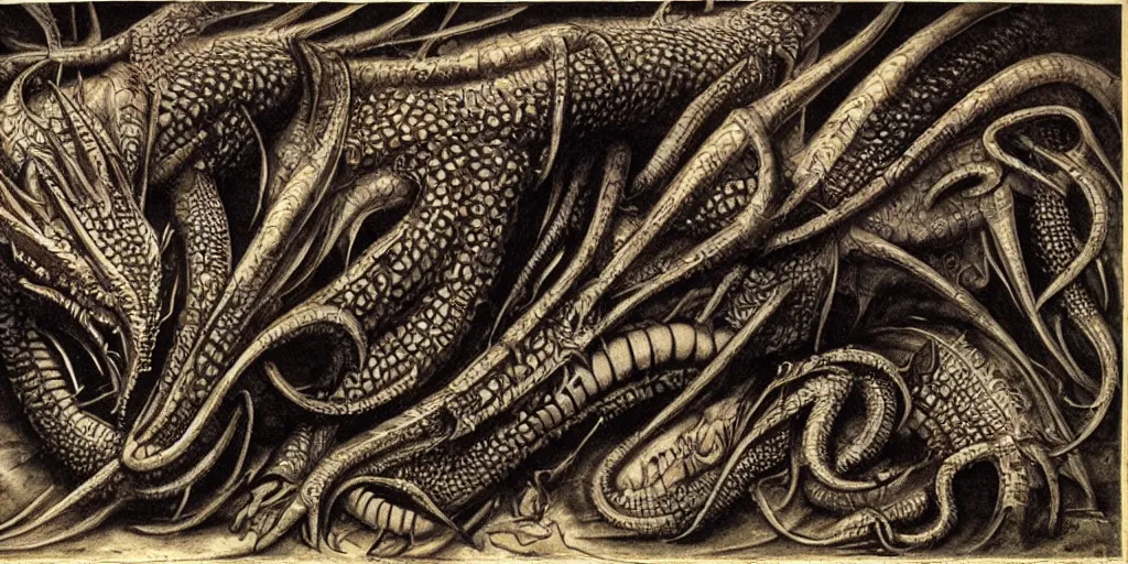 Image similar to a lovecraftian cinematic isograph print of a incan dragon by h. r giger in the style of renaissance art, trending on art station