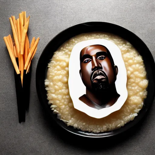 Image similar to a face of kanye west made of congee, congee chinese food photography