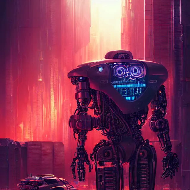 Prompt: Beautiful 3d render of the cyberpunk terminator illuminati robot, centered face, atmospheric lighting, painted, intricate, volumetric lighting, beautiful, rich deep colours masterpiece, sharp focus, ultra detailed, in the style of Dan Mumford and marc simonetti, with a crowded futuristic cyberpunk city in the background, astrophotgraphy