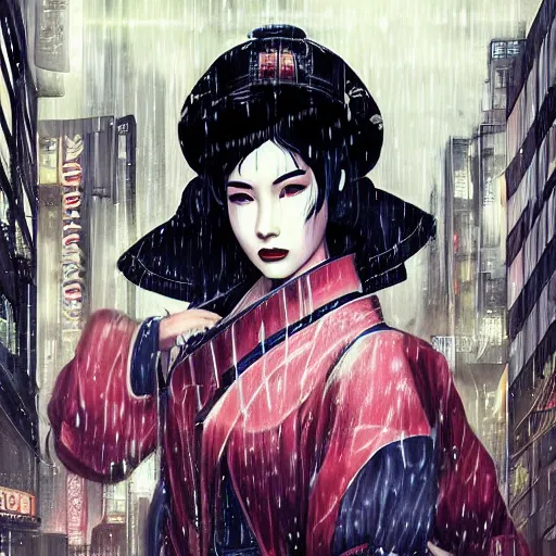 Image similar to high detailed geisha in a cyberpunk rainy city at night with a torii in the background by , high quality, 4K, UHD, trending on ArtStation, blade runner vibes, ghost in the shell