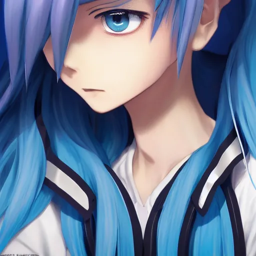 Image similar to profile shot of rimuru tempest looking forward, sky blue hair, ponytail, pretty, long bangs, gold eyes, black jacket with white stripes and a high collar, highly detailed, unreal engine 5, digital painting, concept art, cinematic, wlop | artgerm, pixiv, ilya kuvshinov, greg rutkowski, yoshitaka amano