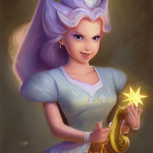 Image similar to princess rosalina from super mario as realistic blond human character, with star luma, art portrait, matte fantasy painting, deviantart artstation, by jason felix by steve argyle by tyler jacobson by peter mohrbacher, cinema c 9. 0