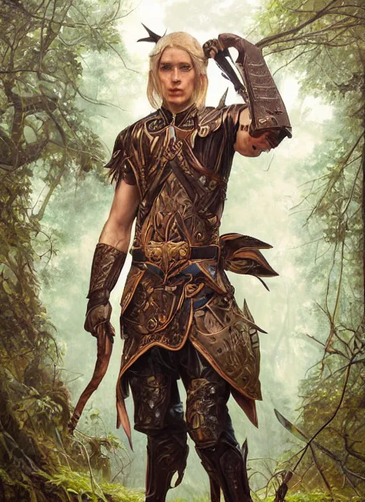Image similar to a portrait painting of an elder male elf fighter in leather armour on a beautiful lush forest meadow, morning, art by Tristan Eaton, Stanley Artgerm, Tom Bagshaw, Greg Rutkowski, Carne Griffiths