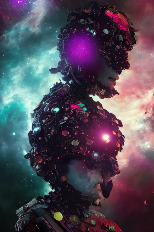 Image similar to a fancy portrait of a broken automaton floating in the vacuum of space with a colourful nebula behind her by dustin nguyen, sung choi, mitchell mohrhauser, maciej kuciara, johnson ting, maxim verehin, peter konig, bloodborne, 8 k photorealistic, cinematic lighting, hd, high details, dramatic, dark atmosphere, trending on artstation