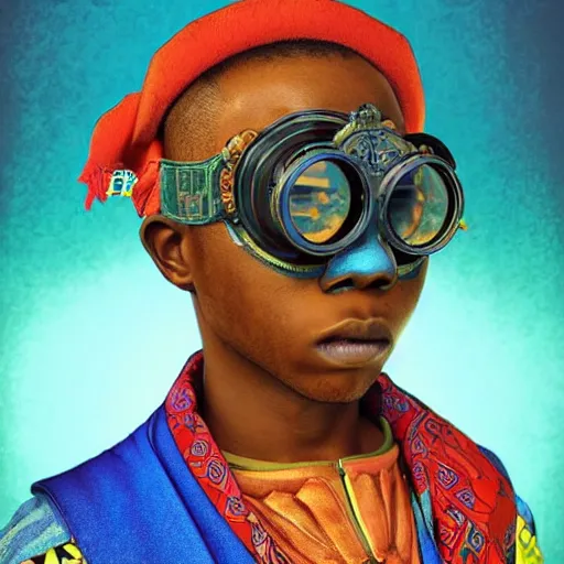 Image similar to colourful vfx upper half - 3 d portrait - art of a nigerian boy wearing steam punk goggles, art by utagawa kunisada, james jean & alphonse mucha, symmetrical, intricate detail, concept art, volumetric light, ray tracing, caricature, digital illustration, octane 3 d render, unreal engine, sharp, pinterest, behance, art station,