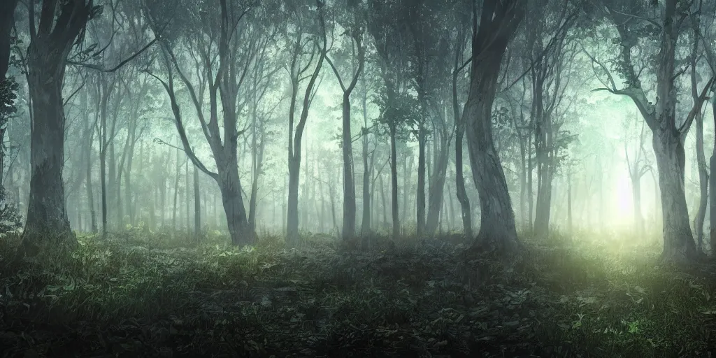 Image similar to dark forest at dawn, anime background