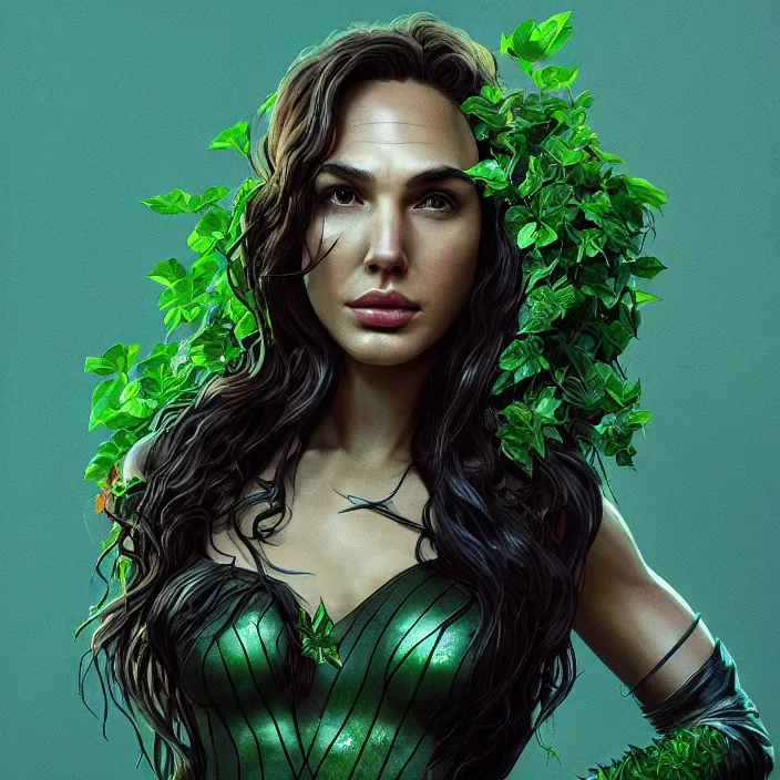 Image similar to portrait of Gal Gadot as a Poison Ivy. intricate artwork. by Tooth Wu, wlop, beeple, dan mumford. octane render, trending on artstation, greg rutkowski very coherent symmetrical artwork. cinematic, hyper realism, high detail, octane render, 8k