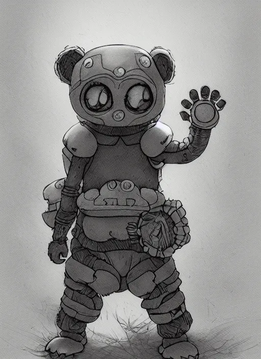 Image similar to beautiful little boy wearing an cyborg bear suit, artwork in kentaro miura and made in abyss and rosdraws, smooth, beautiful lightness, anatomically correct, trending on pixiv, forest