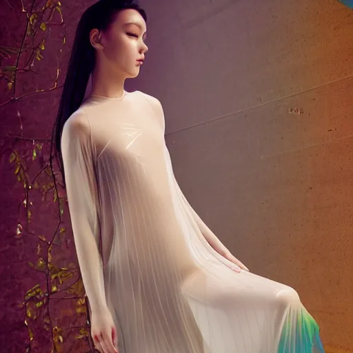 Prompt: fantasy. fashion 2 0 5 0 silk weightless translucent dress in the form of an openwork and luminous lotus. a full - length model. beautiful slender symmetrical girl with green hair. hyperrealistic photo