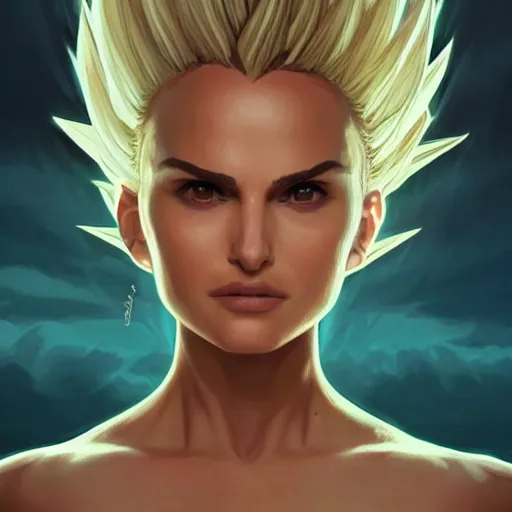 Image similar to super saiyan natalie portman, highly detailed, digital painting, artstation, concept art, smooth, sharp focus, illustration, art by artgerm and greg rutkowski and alphonse mucha