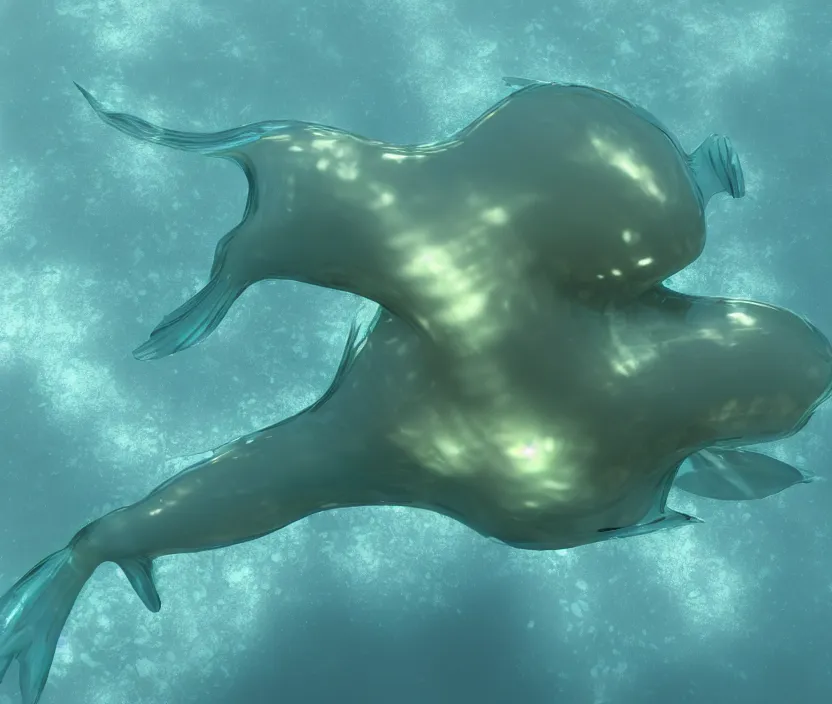 Prompt: a realistic photo of a semi - translucent water creature in action, water sea lake underwater, clear, global illumination, refraction, displacement map, bump map, normal map,