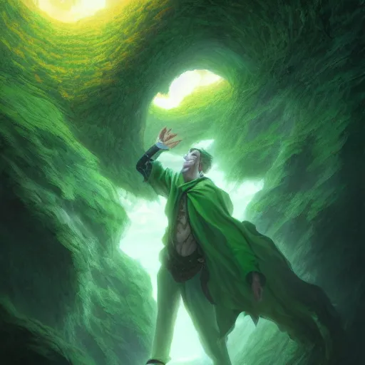 Image similar to A white mafia man with a giant green all-powerful aura surrounding his entire body by andreas rocha and john howe, and Martin Johnson Heade, featured on artstation, featured on behance, golden ratio, ultrawide angle, f32, well composed, cohesive.69:1