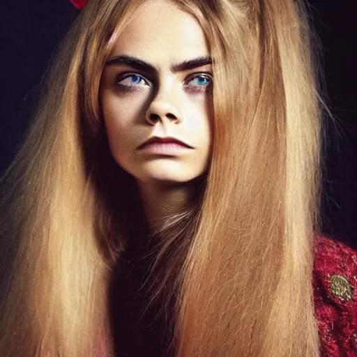 Image similar to photo of a gorgeous 20-year-old Cara Delevingne 1970s hairstyle by Mario Testino, detailed, head shot, award winning, Sony a7R -