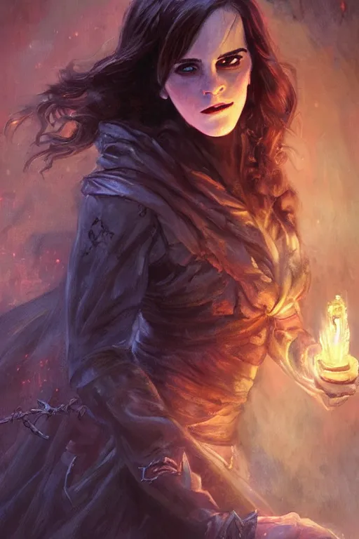 Prompt: painting of emma watson as a necromancer, glowing eyes, trending on artstation, art by Ralph Horsley
