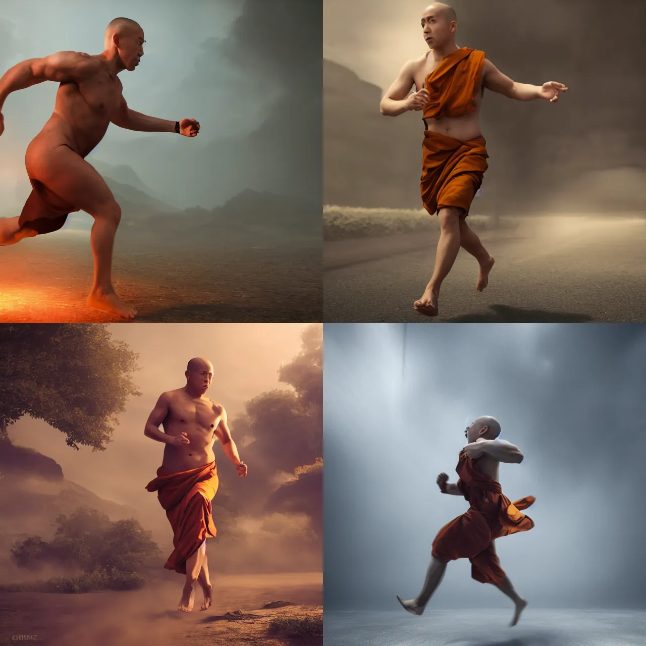 Prompt: male monk running at full speed without shirt, chubby, short, hyper realism, cinematic, volumetric lighting, Epic composition, octane render, Smooth gradients, High contrast, board game cover art,