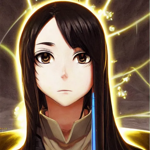 Prompt: Masterpiece head and shoulders portrait of a female Kazuto Kirigaya Kirito from SAO a young woman with brown long hair and bangs and wearing a long black coat breast-armor showing through, with light-saber, face, fantasy, intricate, elegant, highly detailed drawn by Donato Giancola and Fernanda Suarez and Artem Demura, face by Artgerm and Edmund Leighton, Alphonse Mucha, background by James Jean and Gustav Klimt, 4k, porcelain skin, komorebi, french nouveau, trending on pixiv, octane render, hyperrealistic