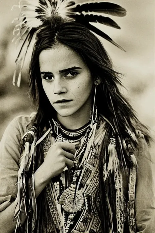 Image similar to “Photo of Native American indian woman Emma Watson, portrait, skilled warrior of the Apache, ancient, realistic, detailed, emma watson”