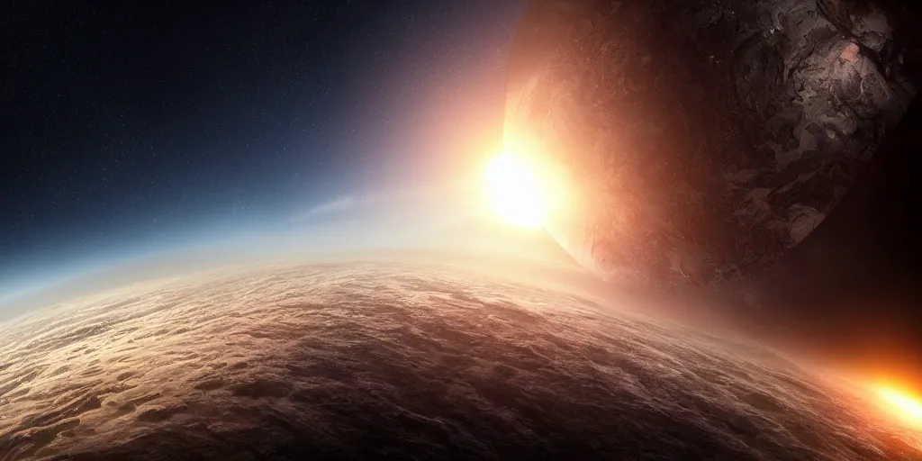 Image similar to view from 2 5 0 million miles in distance. a an epic depiction of the planet earth broken apart into 2 pieces, floating in space. dramatic lighting, highly coherent, highly detailed, epic, digital art, fifth element, dystopian, octane 3 d render.