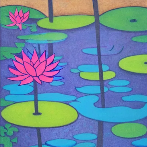 Image similar to intuitive tonalism by alice rahon, by romero britto. a peaceful installation art that shows a pond with water lilies floating on the surface. the colors are soft & calming, & the overall effect is one of serenity & relaxation.