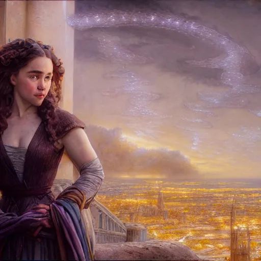 Image similar to a very detailed Magic portrait painting of Emilia Clarke, a very detailed fantasy city background, a very detailed dramatic sky, light particles, environment drawn by Donato Giancola and Tom Bagshaw, Edmund Leighton, character design by Alphonse Mucha, 4k, volumetric lighting, komorebi, award winning, octane render, hyperrealistic