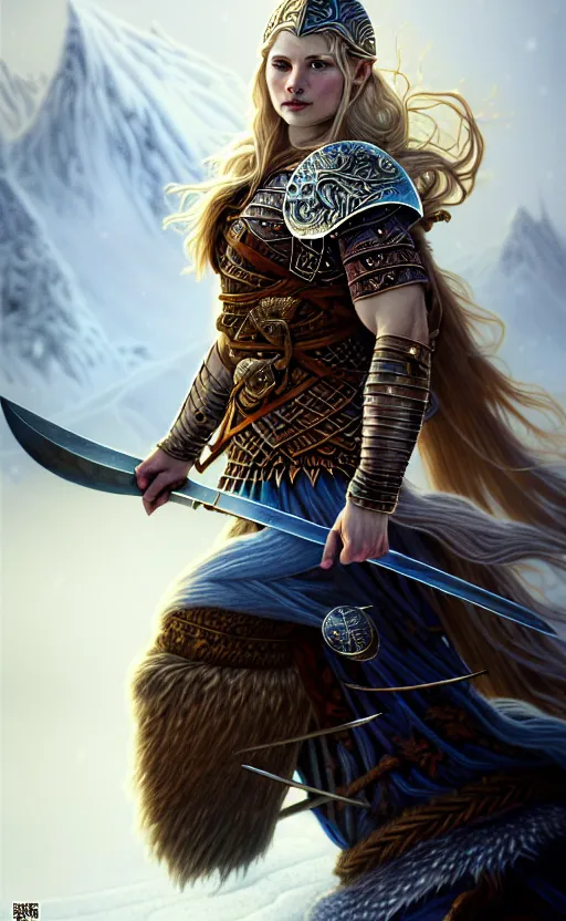 Image similar to iridescent viking warrior, regal, elegant, winter, snow, beautiful, stunning, hd, illustration, epic, d & d, fantasy, intricate, elegant, highly detailed, wide angle, digital painting, artstation, concept art, smooth, sharp focus, illustration, wallpaper, art by artgerm and greg rutkowski and alphonse mucha and jin xiaodi