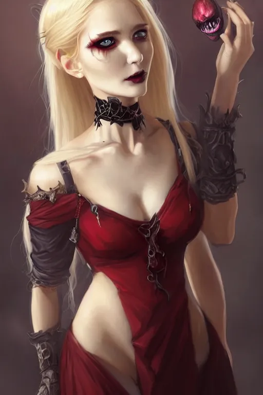 Prompt: Portrait of seductive female necromancer, D&D, revealing stylish dress, red eyes, dark eyeshadow, choker on neck, long blonde hair, mouth slightly open, slight nerdy smile, fantasy, intricate, elegant, highly detailed, digital painting, artstation, concept art, smooth, sharp focus, illustration, art by artgerm and greg rutkowski and alphonse mucha