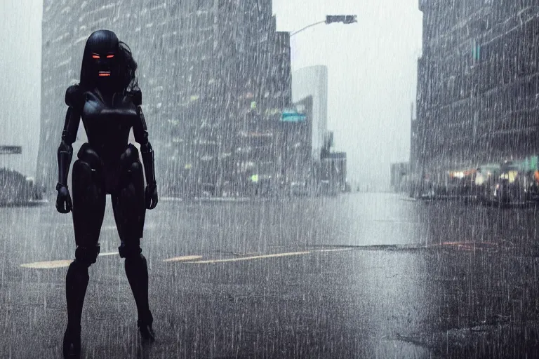 Prompt: vfx marvel sci-fi woman black super hero robot photo real full body action pose, city street cinematic lighting, rain and fog closeup by Emmanuel Lubezki