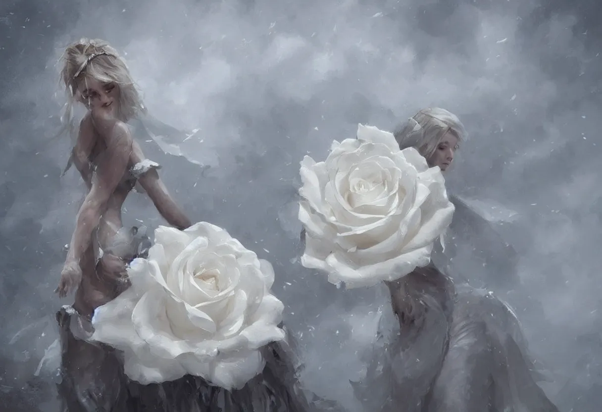 Image similar to a painting of a huge white rose romantic trending on artstation in the style of greg rutkowski