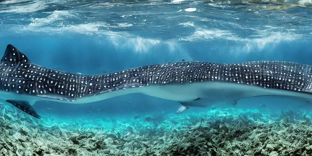 Image similar to hyperrealistic underwater photography, panoramic picture of an ocean floor with in the distance some whale sharks. focus on the sharks. the sharks are anatomically correct and highly detailed. the shark's eyes are intricately detailed. there are lots of bubbles. seaweed and some rocks. gloomy scattered light entering from the water surface, trending on artstation, hq, 4 k