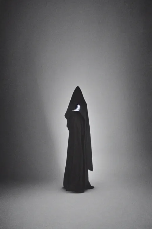 Image similar to a film still of a girl wearing long futuristic dark cloak by yohji yamamoto standing in a shadow sense of mystery, muted colors, simple shapes, long shot, full shot, by bill henson, by gregory crewdson, golden ratio, perfect composition, dramatic, fine detail, intricate