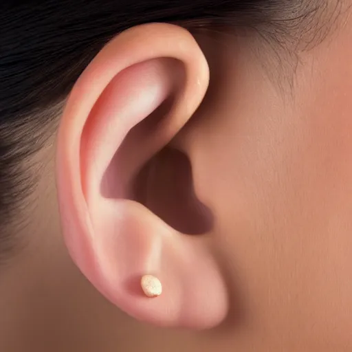 Prompt: beautiful womans ear posing for an earring ad, stock photo, high definition, anatomically correct, dslr photo